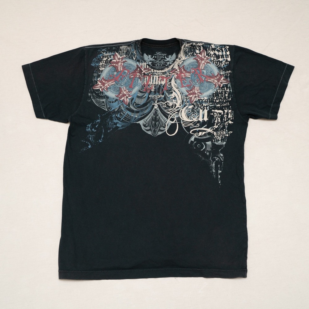 Vintage 2000s Y2K Filter AOP Single Stitch Black T Shirt L Affliction Style